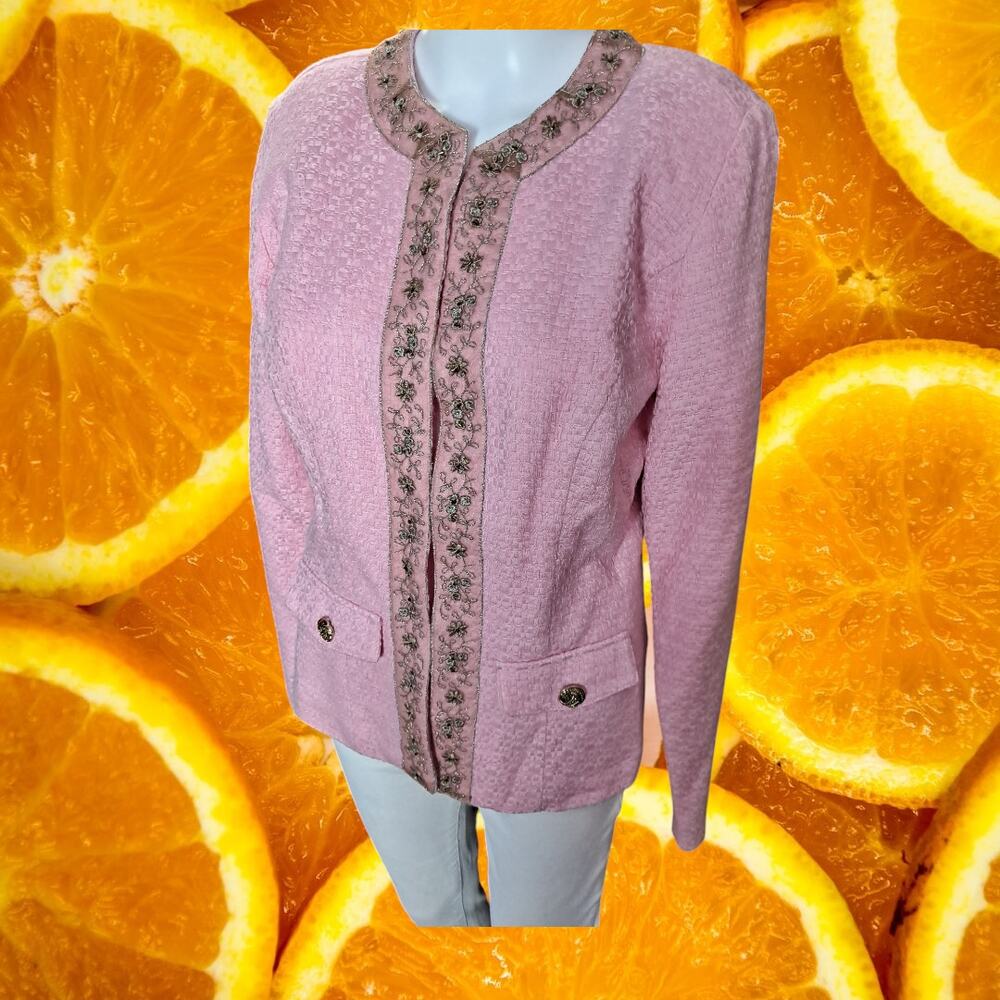 Dialogue Women's Acrylic Pretty Pink Embroidered Beaded Tweed Jacket Size 6